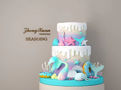 Pastel Blue and Pink Layered Cake with Stars Seashells Donuts Seahorse and Dripping White Frosting 3d model