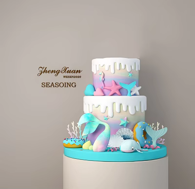 Pastel Blue and Pink Layered Cake with Stars Seashells Donuts Seahorse and Dripping White Frosting 3d model