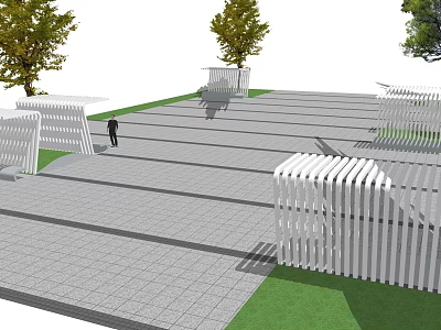 Modern Outdoor Landscape Seats Featuring White Slatted Design And Green Lawn With Trees 3d model
