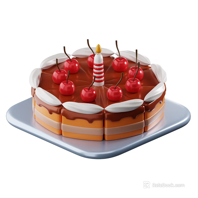 Layered Cake With Striped Candle Chocolate Sauce Cream Topping And Red Cherries On Blue Plate 3d model 