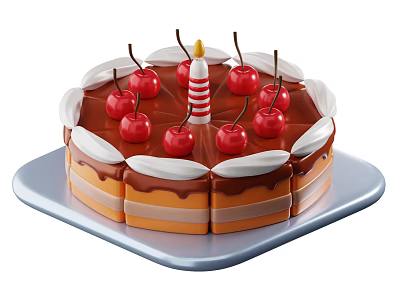 Layered Cake With Striped Candle Chocolate Sauce Cream Topping And Red Cherries On Blue Plate 3d model