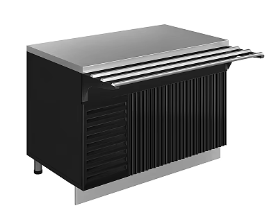 Commercial Undercounter Refrigeration Counter With Stainless Steel Top Black Cabinet And Metal Shelves 3d model