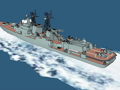 Warship Sailing On The Sea With Radar Antennas Helicopter Deck And Weapon Systems 3d model