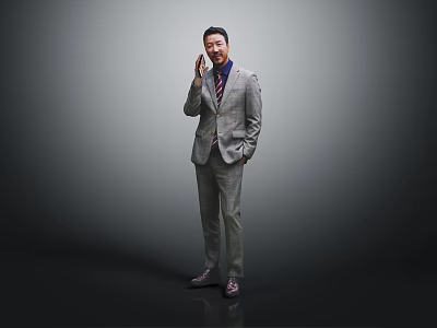 A Man In Gray Suit Red Tie Talking On Phone With Hand In Pocket 3d model