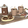 Two Mugs With Wooden Spoons On Wooden Tray Alongside Coffee Pot Cookies And Chocolate Bar