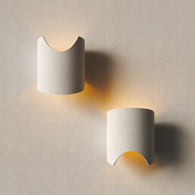 White Modern Minimalist Wall Lamps Mounted On Light Colored Wall With Warm Yellow Lighting 3d model