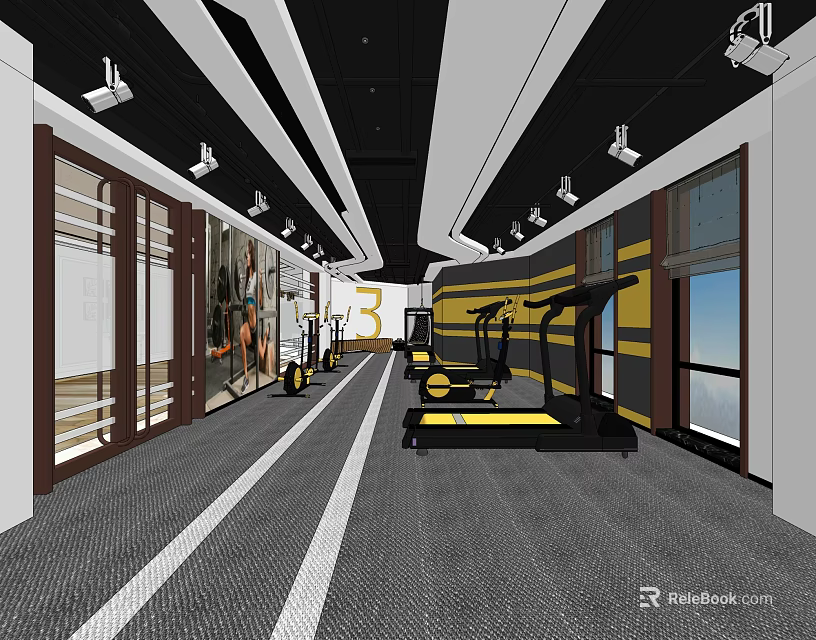 Spacious Gym Interior With Treadmills Ceiling Lights And Yellow Black Design 3d model 