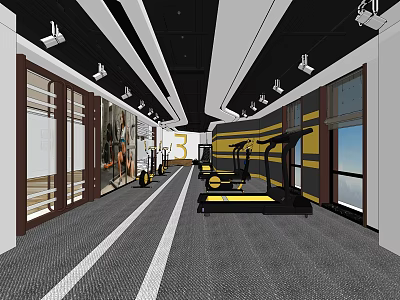 Spacious Gym Interior With Treadmills Ceiling Lights And Yellow Black Design 3d model