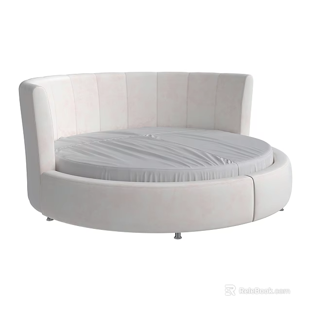 Round Bed Pink Upholstered Modern Design With Gray Mattress And Metal Legs 3d model 
