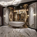 Luxurious Upscale Bathroom Interior Design With Gorgeous Golden Decorations Marble Flooring And Freestanding White Bathtub
