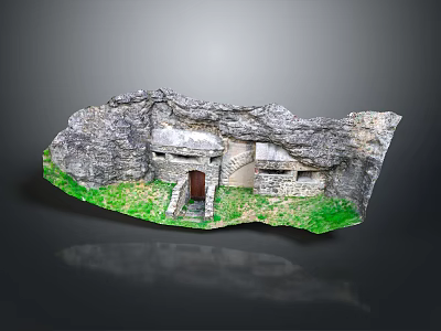 Rock Cave Entrance Scene With Natural Rock Formation And Lush Green Grass 3d model
