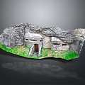Rock Cave Entrance Scene With Natural Rock Formation And Lush Green Grass
