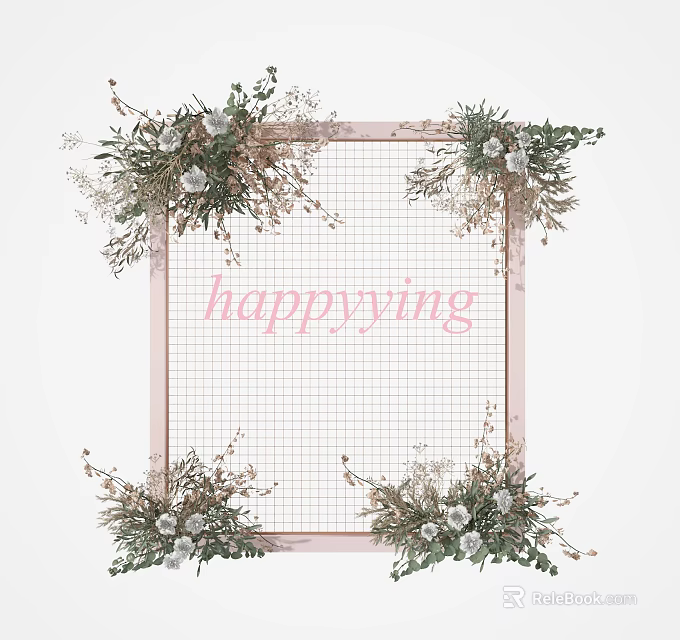 Stylish Floral Decoration With Pink Border Grid Frame And Surrounding Flower Arrangements 3d model 