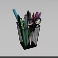 Black Mesh Pen Holder With Various Colored Pens Scissors And Tape On Desk