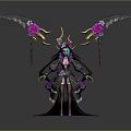 Elegant Fantasy Character With Black Purple Wings Adorned Pink Flowers And Golden Horns