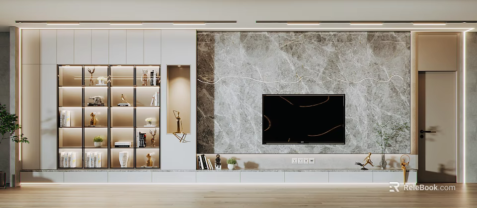 Modern Elegant TV Background Wall With Marble Texture Open Storage Shelves Decorative Items 3d model