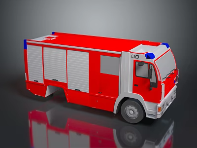 Red And White Fire Truck With Blue Emergency Lights And Side Windows 3d model