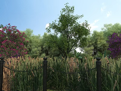 Picturesque Landscape with Blue Sky Green Trees Purple Flowers Black Fence and Tall Grass 3d model