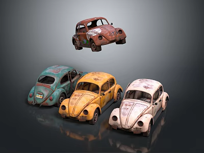 Vintage Old Beetle Cars In Red Green Yellow And White With Rustic Look 3d model