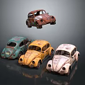 Vintage Old Beetle Cars In Red Green Yellow And White With Rustic Look