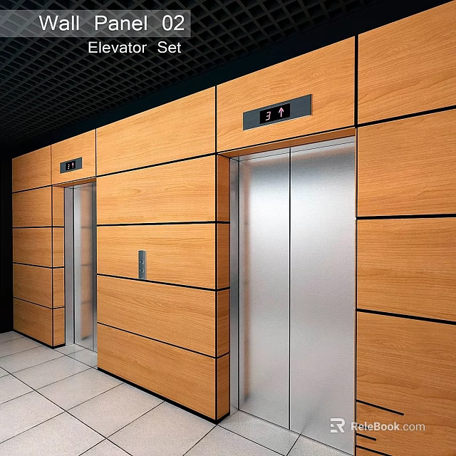Elevator Lobby Interior With Decorative Pendant Wooden Wall Panels And Silver Doors 3d model 
