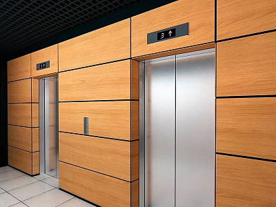 Elevator Lobby Interior With Decorative Pendant Wooden Wall Panels And Silver Doors 3d model