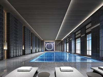 Spacious Indoor Swimming Pool With Modern Lighting And Tile Walls 3d model