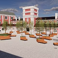 Campus Square Landscape Featuring Red Brick Buildings Wooden Planters Trees Benches and Paved Ground