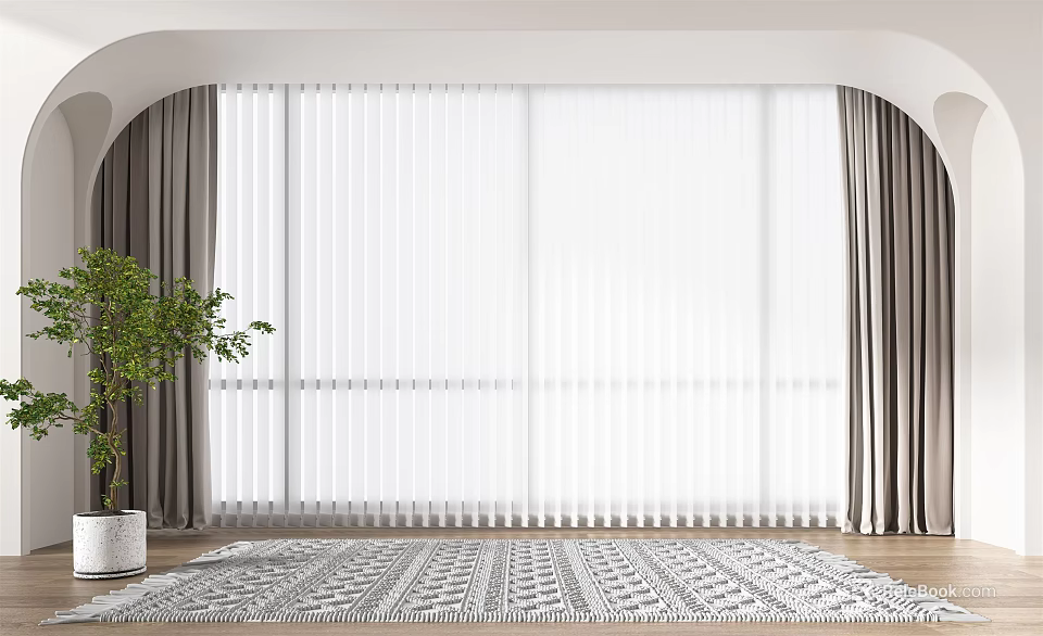 White Window Blinds In Modern Interior Room With Gray Curtains Area Rug And Potted Plant 3d model 