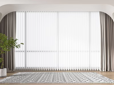 White Window Blinds In Modern Interior Room With Gray Curtains Area Rug And Potted Plant 3d model