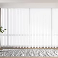 White Window Blinds In Modern Interior Room With Gray Curtains Area Rug And Potted Plant