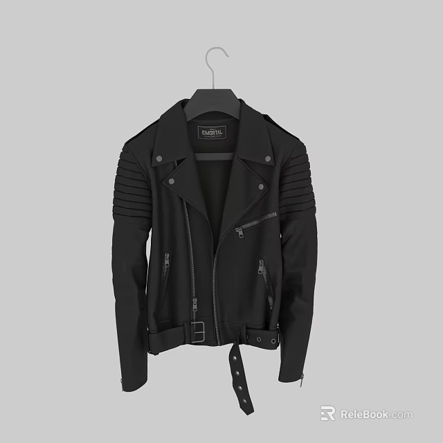 Black Leather Biker Jacket with Zipper Closure Epaulettes and Ribbed Cuffs 3d model 