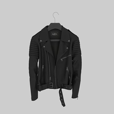 Black Leather Biker Jacket with Zipper Closure Epaulettes and Ribbed Cuffs 3d model