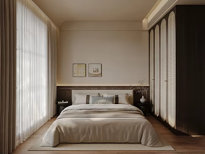 Minimalist Bedroom Interior With Beige Bedsheets Two Paintings Nightstands And Wooden Wardrobes 3d model