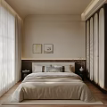 Minimalist Bedroom Interior With Beige Bedsheets Two Paintings Nightstands And Wooden Wardrobes