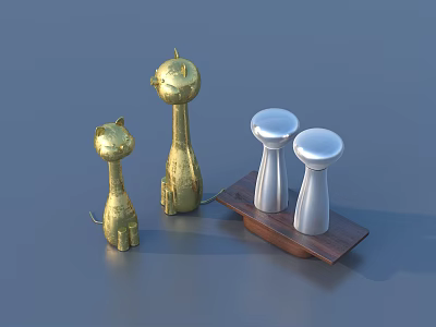 Home Decorative Golden Cat Shaped Figurines And Silver Cylindrical Ornaments On Brown Wooden Base 3d model