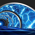 Futuristic Elevator Aisle With Blue Illuminated Hexagonal Patterns And Person Walking 3d model
