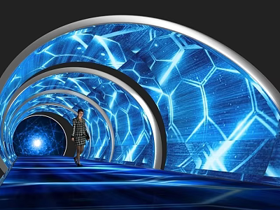 Futuristic Elevator Aisle With Blue Illuminated Hexagonal Patterns And Person Walking 3d model