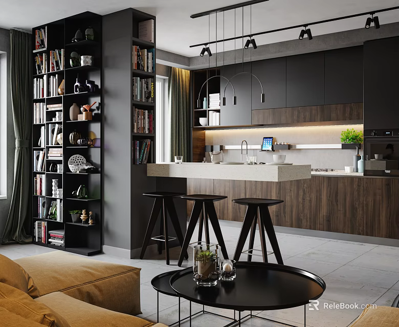 Modern Living Room Interior With Open Kitchen Bookshelves And Pendant Lights 3d model 