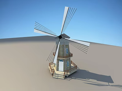 Traditional Windmill Architectural Components With Wooden Structure Blades Staircase And Balcony 3d model