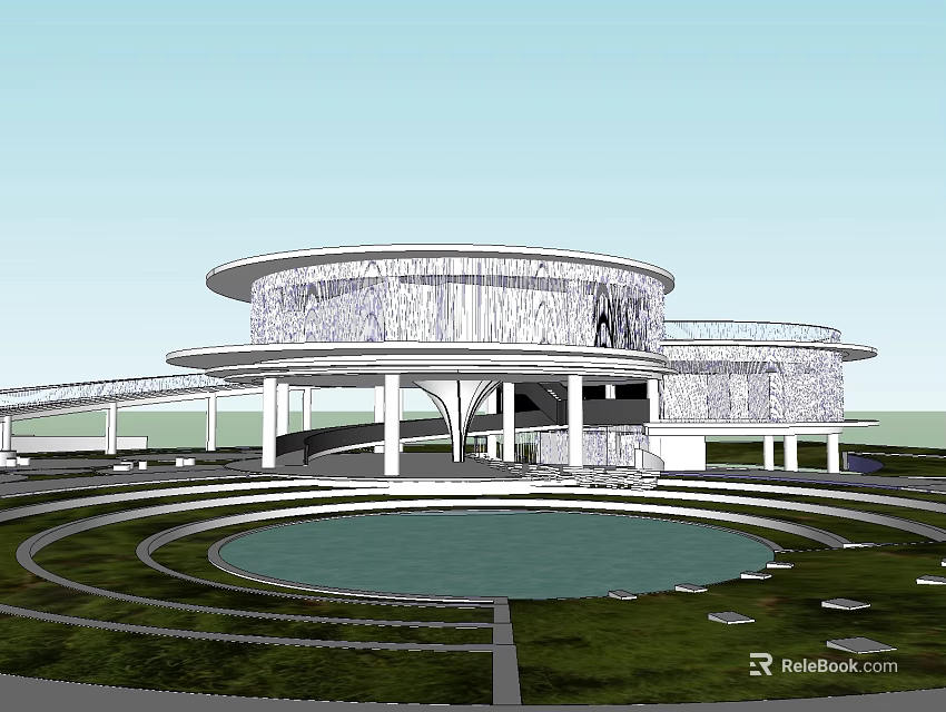 Modern Circular Cultural Center Building With Metal Mesh Exterior And Surrounding Pool Greenery 3d model
