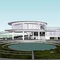 Modern Circular Cultural Center Building With Metal Mesh Exterior And Surrounding Pool Greenery 3d model