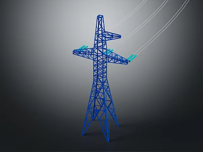 High Voltage Power Transmission Pylon With Blue Steel Structure And Overhead Power Lines 3d model