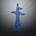 High Voltage Power Transmission Pylon With Blue Steel Structure And Overhead Power Lines