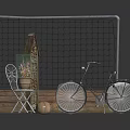Vintage Bicycle Next To Wooden Planter With Decorative Net Background And Small House Decoration