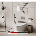 Modern Toilet in Bathroom with White Tile Walls Shower Towel Rack and Toilet Paper Holder