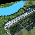 Aerial View Planning of Riverfront Green Fields with Train Station and Blue Storage Tanks