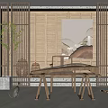 Traditional Musical Instrument and Art Supplies in Chinese Interior with Bamboo Screens and Landscape Painting
