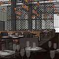 Modern Restaurant Interior With Chandeliers Dining Tables Warm Lighting And Decorative Walls