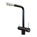 Modern black kitchen faucet with dual control handles and sleek metallic finish